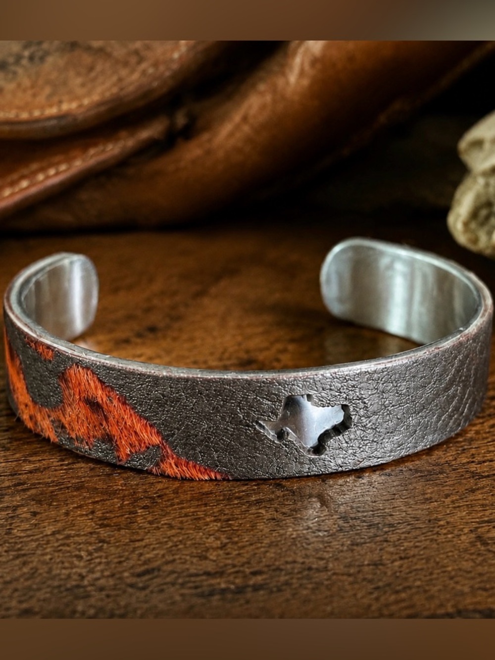 RUSTIC CUFF Western Style TEXAS Cutout Cuff Bracelet with Leather and Calfhair